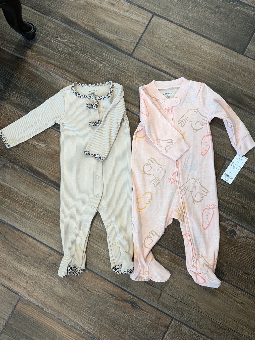 Carter's Cream Ribbed Animal Print and Pink Bunny Footies- 2 Pack
